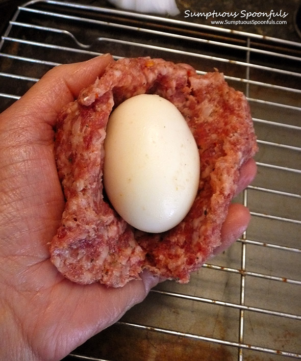 Patrick's Perfect Scotch Eggs ~ Sumptuous Spoonfuls #sausage #egg #recipe #tribute