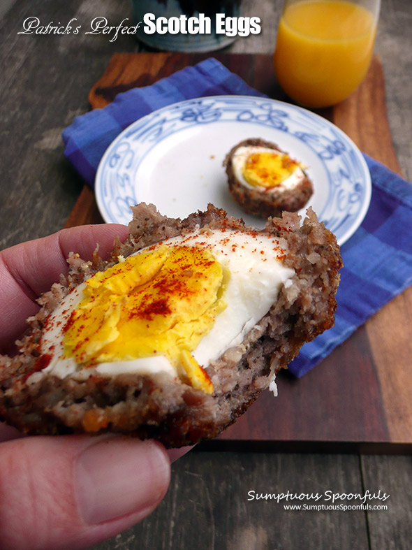 Patrick's Perfect Scotch Eggs ~ Sumptuous Spoonfuls #sausage #egg #recipe #tribute