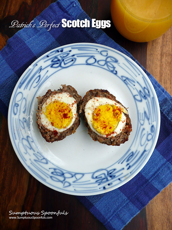 Patrick's Perfect Scotch Eggs ~ Sumptuous Spoonfuls #sausage #egg #recipe #tribute