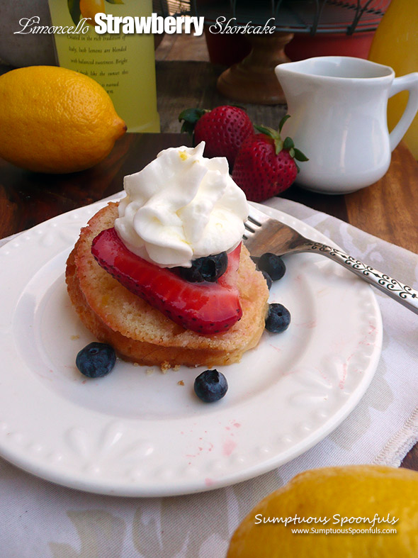 Limoncello Strawberry Shortcake ~ Sumptuous Spoonfuls #boozy #lemon #cake #recipe