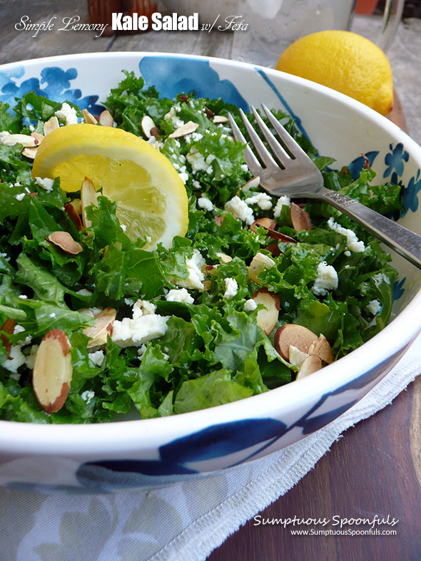 Simple Lemony Kale Salad with marinated feta & almonds ~ Sumptuous Spoonfuls #salad #recipe