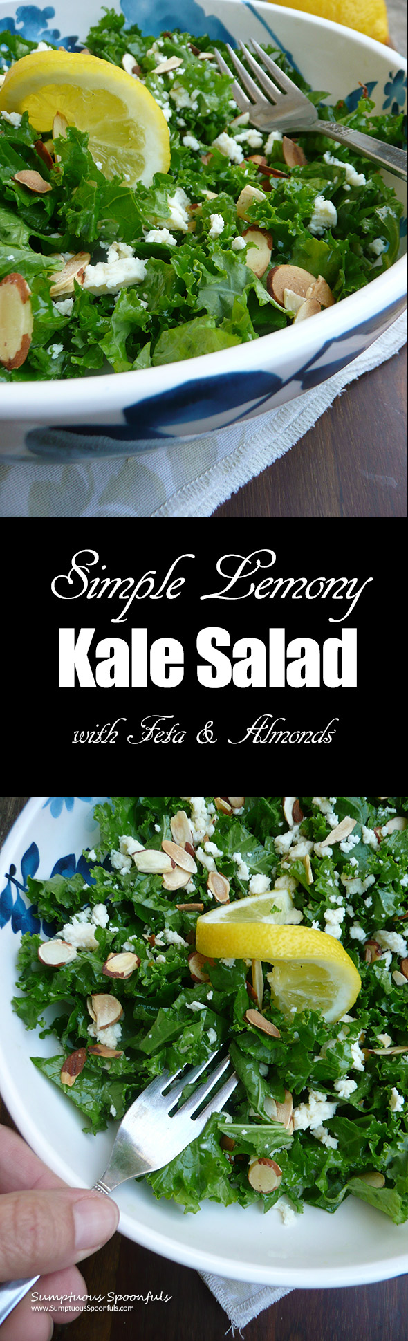 Simple Lemony Kale Salad with marinated feta & almonds ~ Sumptuous Spoonfuls #salad #recipe