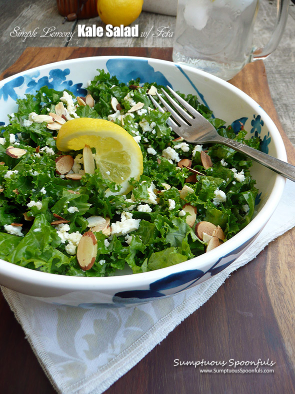 Simple Lemony Kale Salad with marinated feta & almonds ~ Sumptuous Spoonfuls #salad #recipe