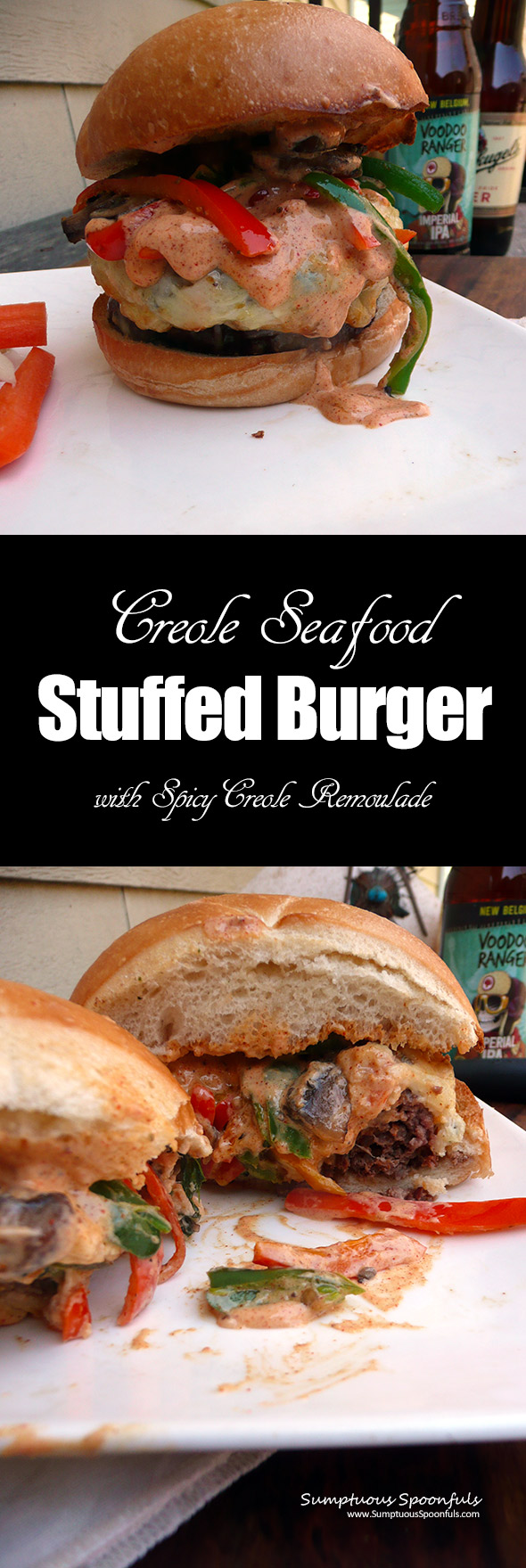 Creole Seafood Stuffed Burger with Creole Remoulade ~ #crab #shrimp #salmon #burger
