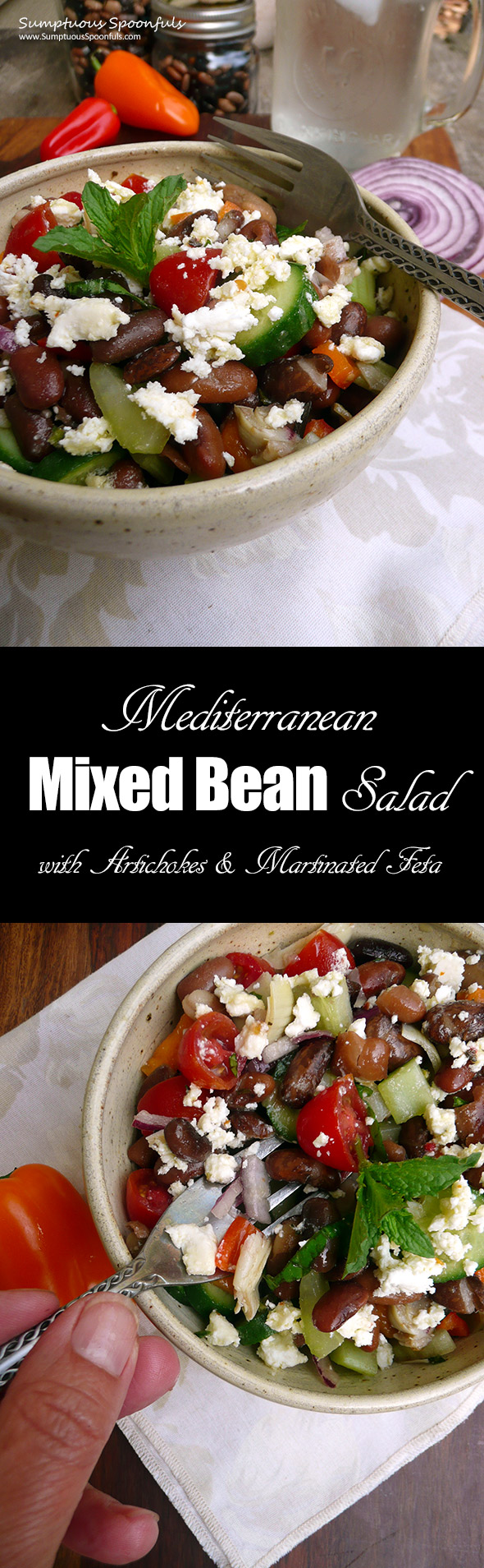  Mediterranean Mixed Bean Salad with Artichokes & Marinated Feta Cheese ~ Sumptuous Spoonfuls #healthy #bean #salad #recipe