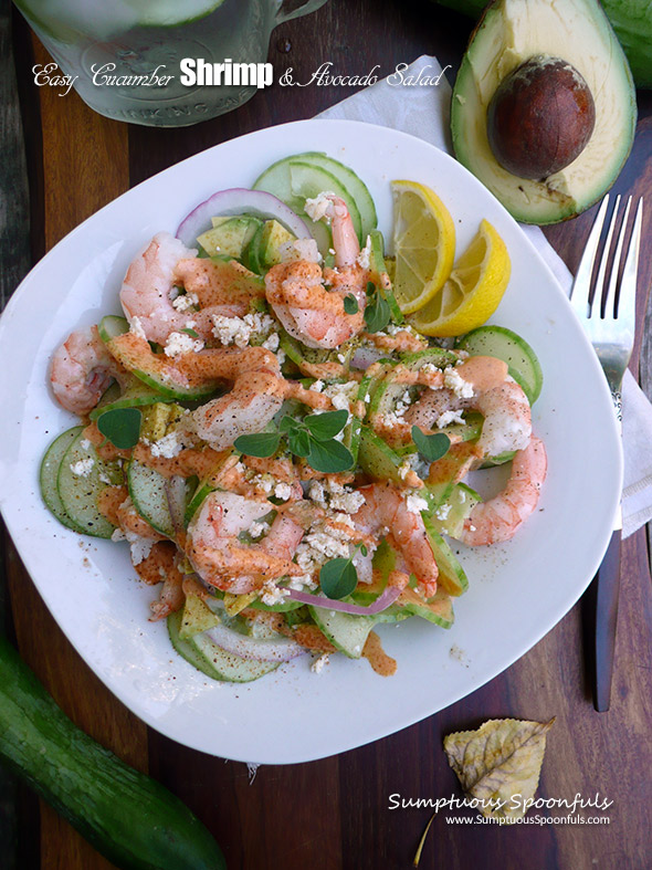 Easy Shrimp, Cucumber & Avocado Salad plus shrimp and cucumber recipes! ~ Sumptuous Spoonfuls #cucumber #shrimp #recipe