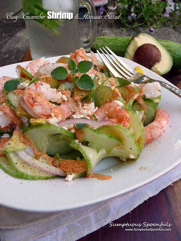 Easy Shrimp, Cucumber & Avocado Salad plus shrimp and cucumber recipes! ~ Sumptuous Spoonfuls #cucumber #shrimp #recipe