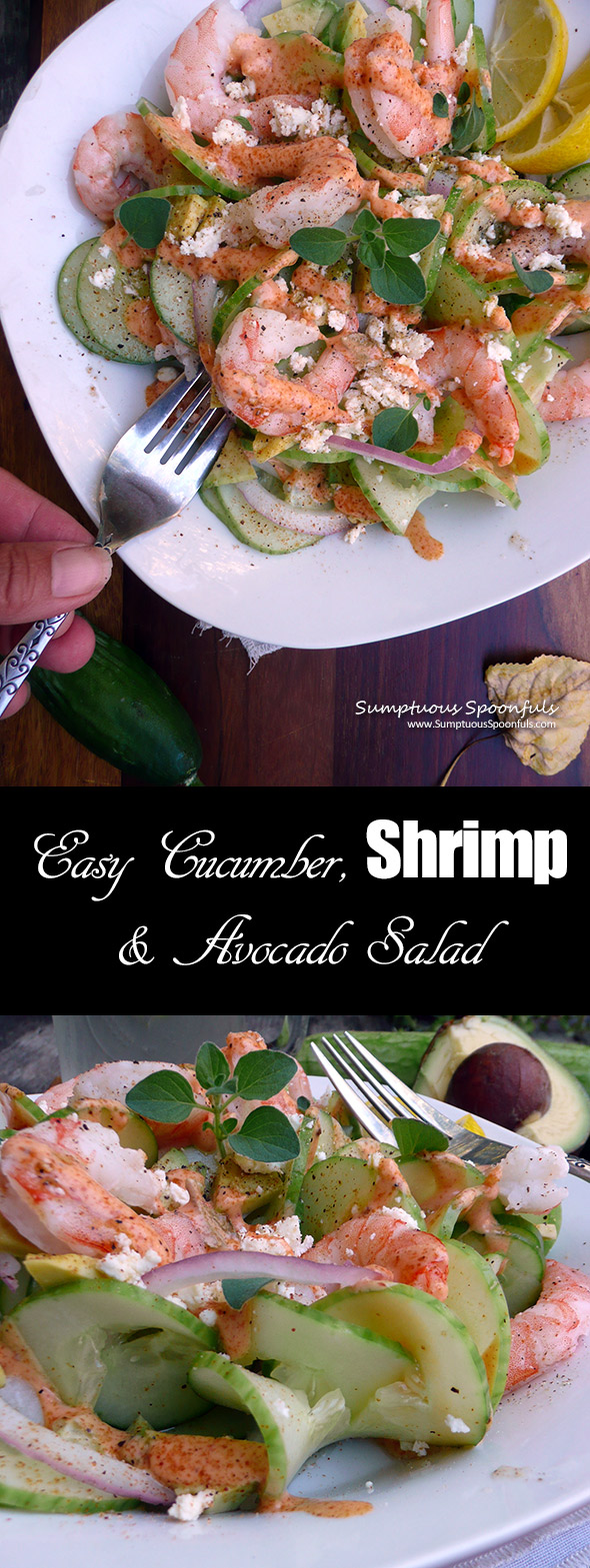 Easy Shrimp, Cucumber & Avocado Salad plus shrimp and cucumber recipes! ~ Sumptuous Spoonfuls #cucumber #shrimp #recipe