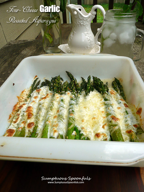 Four Cheese Garlic Roasted Asparagus ~ Sumptuous Spoonfuls #cheese #asparagus #recipe