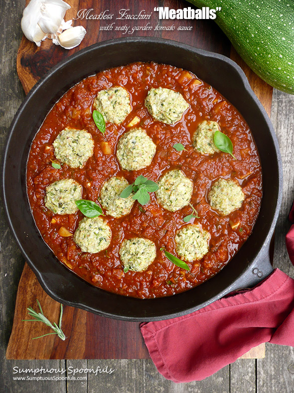Meatless Zucchini "Meatballs" with Zesty Garden Tomato Sauce + 20 other zucchini recipes ~ Sumptuous Spoonfuls #vegetarian #meatballs #recipe