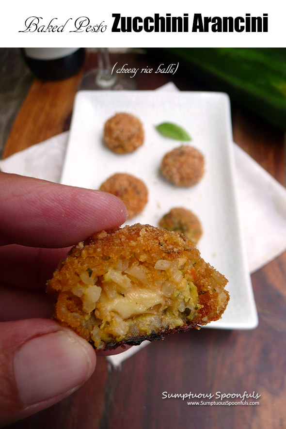 Baked Pesto Zucchini Arancini ~ Sumptuous Spoonfuls #leftover #rice #zucchini #recipe