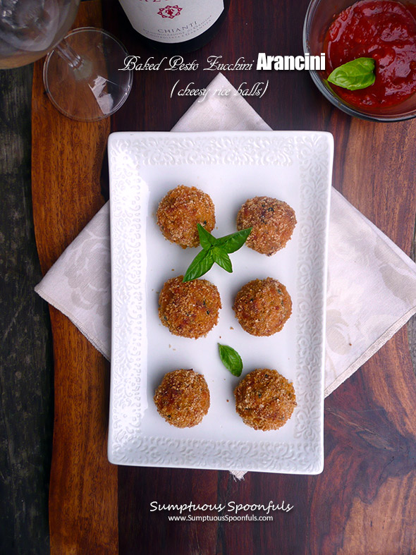 Baked Pesto Zucchini Arancini ~ Sumptuous Spoonfuls #leftover #rice #zucchini #recipe