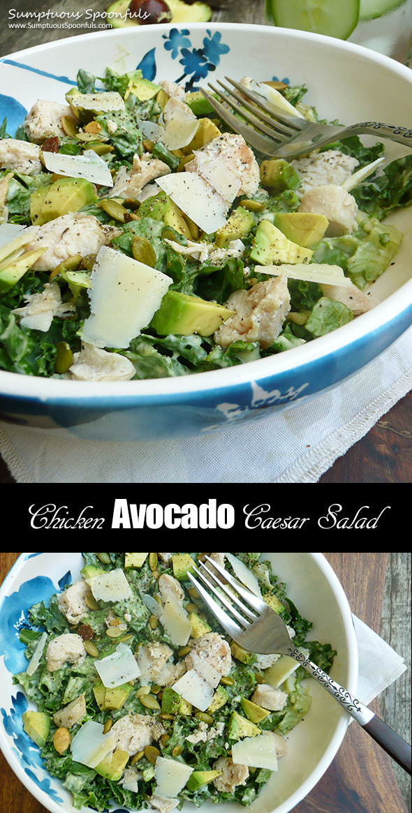 Chicken Avocado Caesar Salad ~ Sumptuous Spoonfuls #chicken #caesar #salad #recipe #healthy