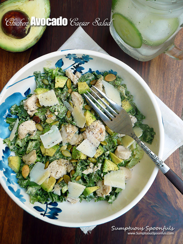 Chicken Avocado Caesar Salad ~ Sumptuous Spoonfuls #chicken #caesar #salad #recipe #healthy