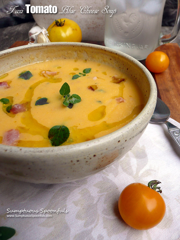 Taxi Tomato Blue Cheese Soup ~ Sumptuous Spoonfuls #yellow #tomato #soup #recipe