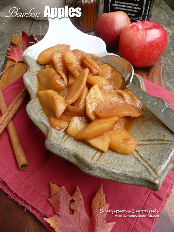 Bourbon Apples ~ tender apples bathing in a cinnamon bourbon butter sauce. Amazing on French toast, pancakes or ice cream.