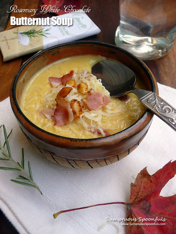 Rosemary White Chocolate Butternut Soup ~ a cozy savory soup with a hint of white chocolate and rosemary. Delightful!