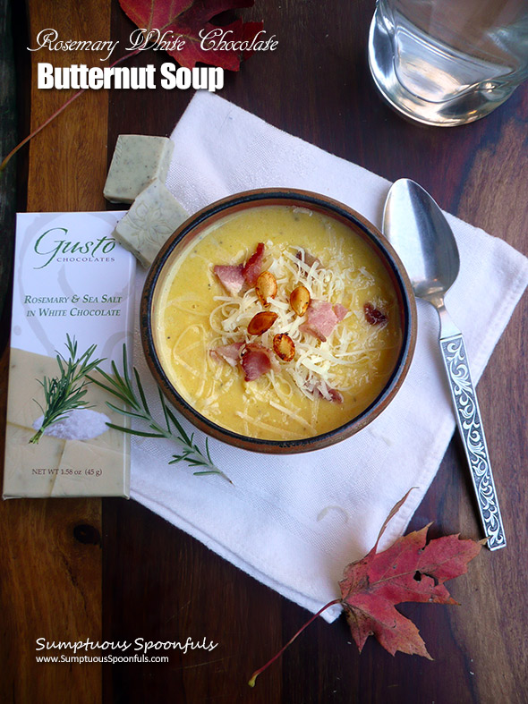 Rosemary White Chocolate Butternut Soup ~ a cozy savory soup with a hint of white chocolate and rosemary. Delightful! 