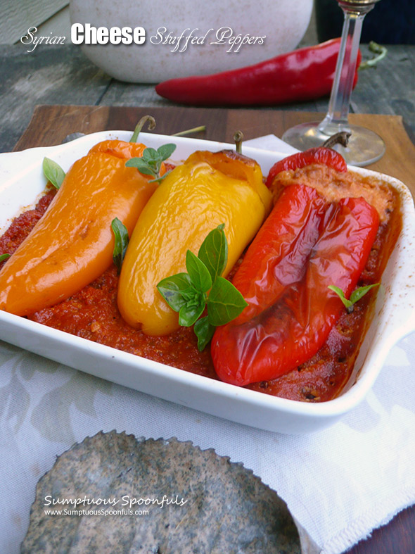Syrian Cheese Stuffed Peppers ~ mini sweet peppers stuffed with a magical cheese mixture over flavorful Romesco sauce