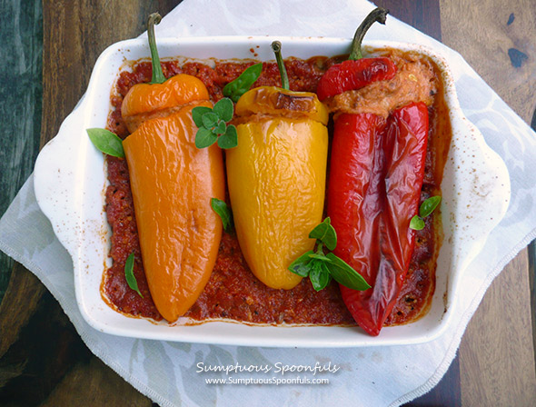 Syrian Cheese Stuffed Peppers ~ mini sweet peppers stuffed with a magical cheese mixture over flavorful Romesco sauce