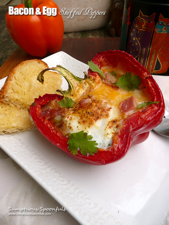 Bacon & Egg Stuffed Peppers ~ a fabulous healthy breakfast that is not just pretty to look at, it tastes amazing! from Sumptuous Spoonfuls