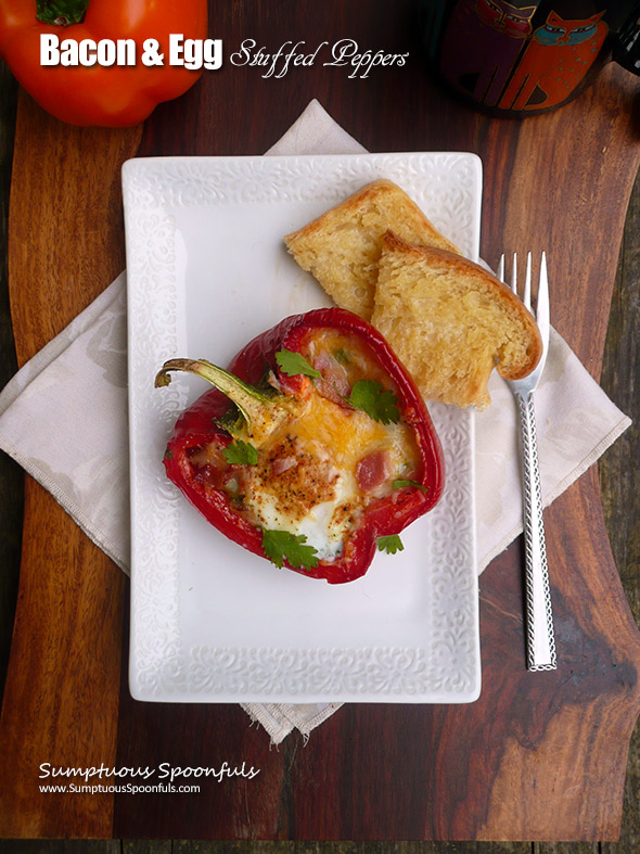 Bacon & Egg Stuffed Peppers ~ a fabulous healthy breakfast that is not just pretty to look at, it tastes amazing! from Sumptuous Spoonfuls
