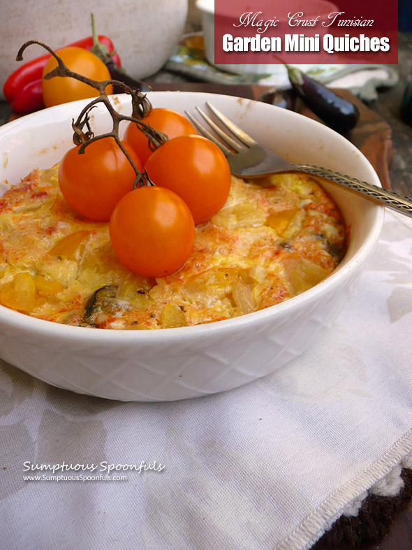 Magic Crust Tunisian Garden Mini Quiches ~ a delightful meatless quiche with a magic crumb crust! Perfect for breakfast for dinner or a leisurely breakfast for 2.