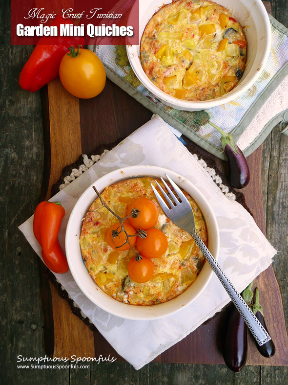 Magic Crust Tunisian Garden Mini Quiches ~ a delightful meatless quiche with a magic crumb crust! Perfect for breakfast for dinner or a leisurely breakfast for 2.