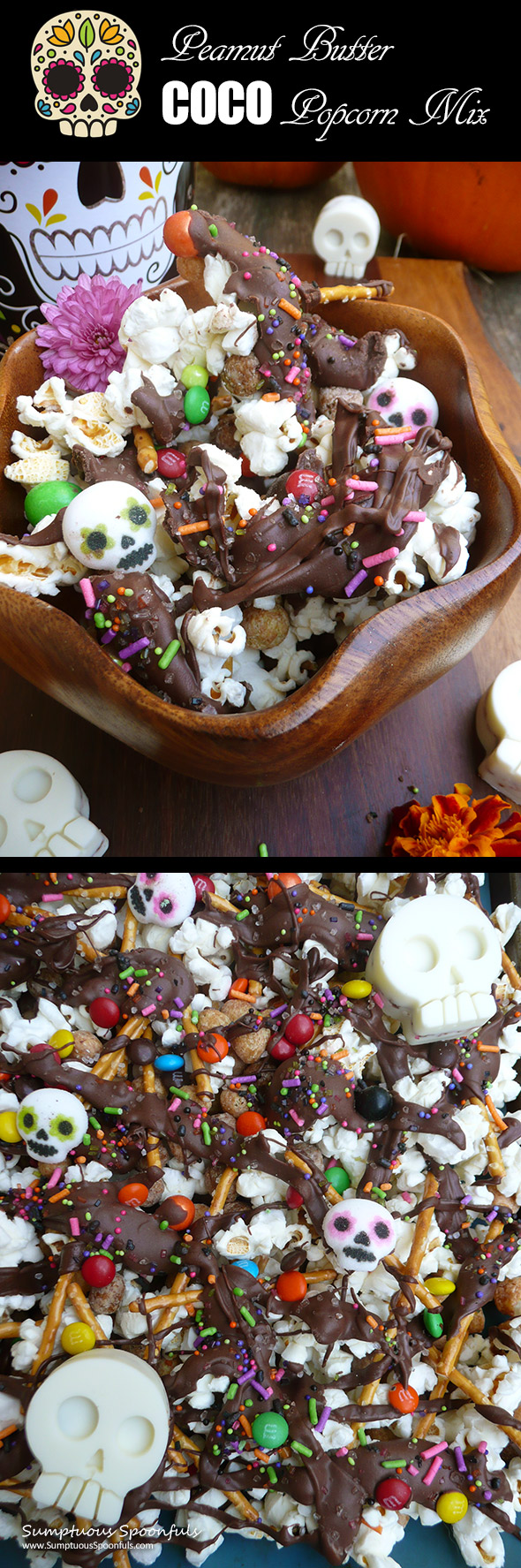 Peanut Butter COCO Popcorn Mix ~ perfect for snacking on while watching the movie COCO! A delicious peanut buttery chocolate popcorn mix that's totally addictive!