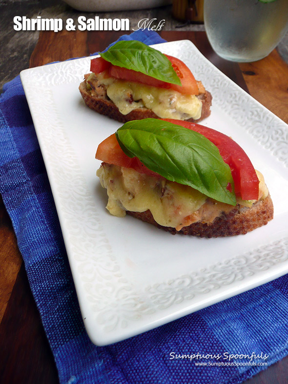 Shrimp & Salmon Melt ~ a dreamy combination of smoked salmon and shrimp with red onion, cream cheese, sundried tomato pesto, herbs & pecans with melty white cheddar, tomato and basil, this sandwich will be your new favorite! 