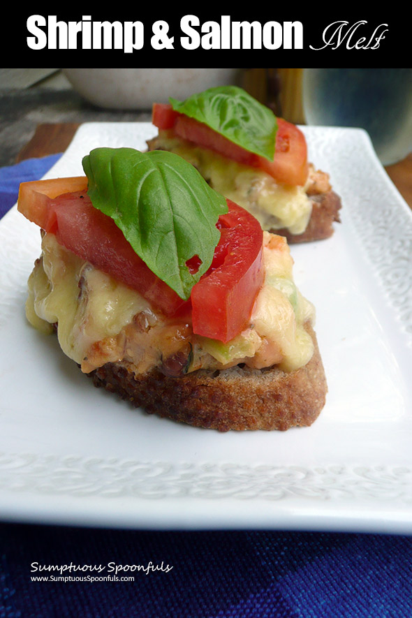 Shrimp & Salmon Melt ~ a dreamy combination of smoked salmon and shrimp with red onion, cream cheese, sundried tomato pesto, herbs & pecans with melty white cheddar, tomato and basil, this sandwich will be your new favorite! 