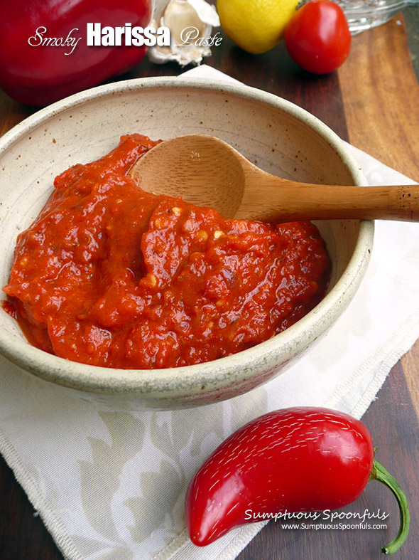 Smoky Homemade Harissa Paste ~ a delightful spicy Tunisian seasoning paste made with both sweet and hot peppers, garlic, lemon, cumin, coriander and caraway. Freezes beautifully!