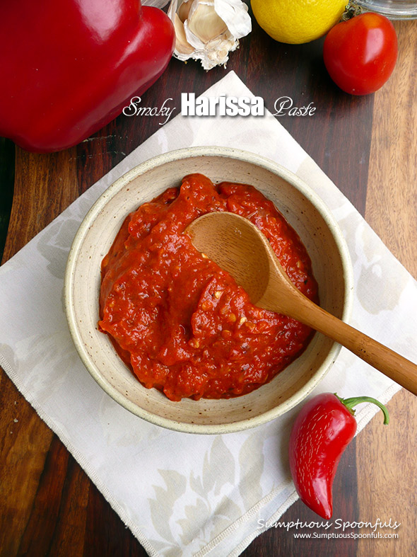 Smoky Homemade Harissa Paste ~ a delightful spicy Tunisian seasoning paste made with both sweet and hot peppers, garlic, lemon, cumin, coriander and caraway. Freezes beautifully!