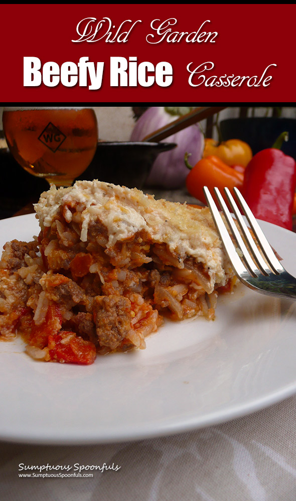 Wild Garden Beefy Rice Casserole ~ a flavorful casserole filled with beef and rice in a zesty harissa sauce with loads of fresh garden veggies and topped with a creamy yogurt bechamel sauce