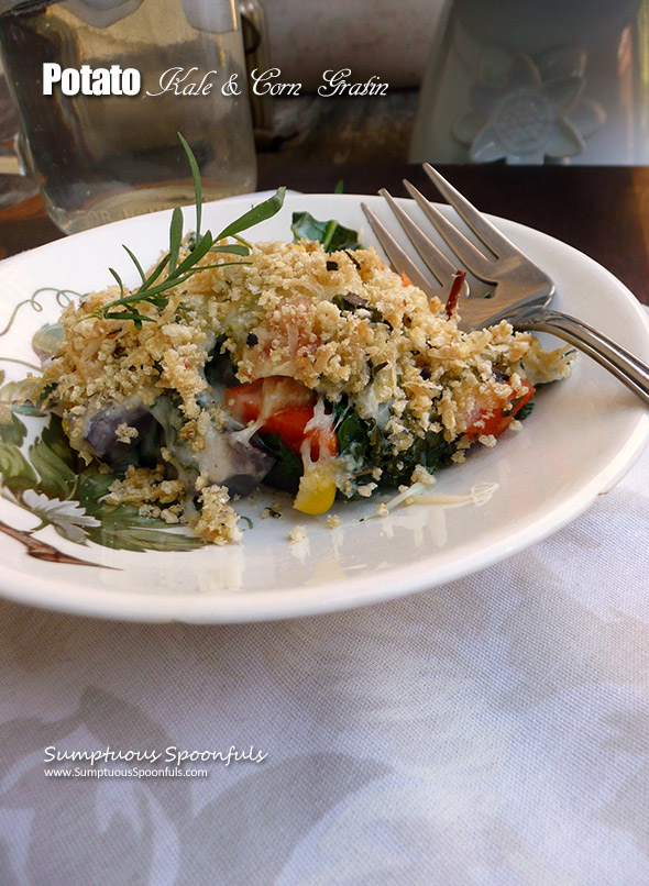 Potato Kale & Corn Gratin ~ a fabulous cheesy side dish with so much flavor & color! Perfect for the holidays. 