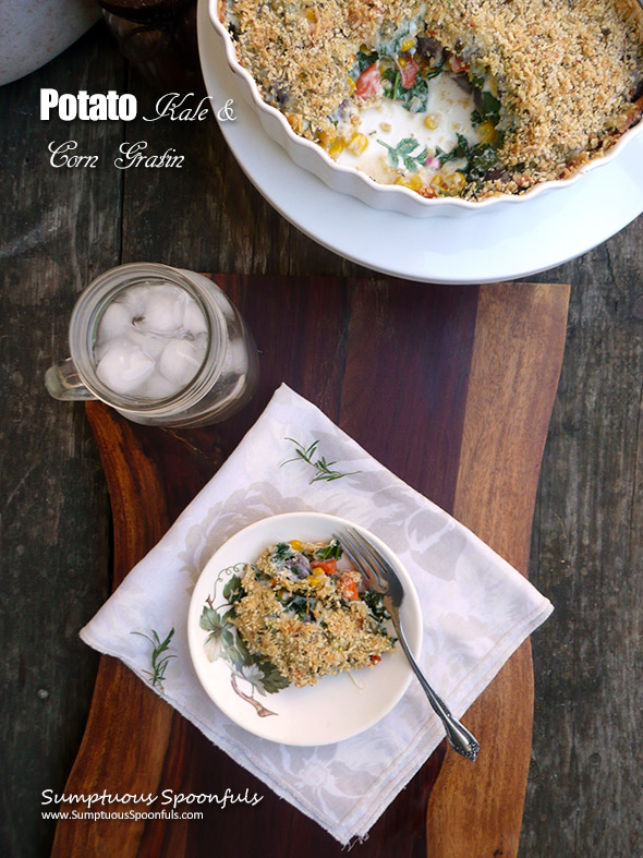 Potato Kale & Corn Gratin ~ a fabulous cheesy side dish with so much flavor & color! Perfect for the holidays. 