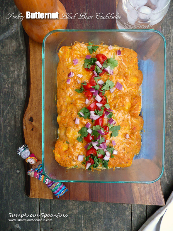 Turkey Butternut Black Bean Enchiladas ~ turn your holiday leftovers into a Mexican fiesta with these scrumptious enchiladas with a zippy butternut cream cheese sauce