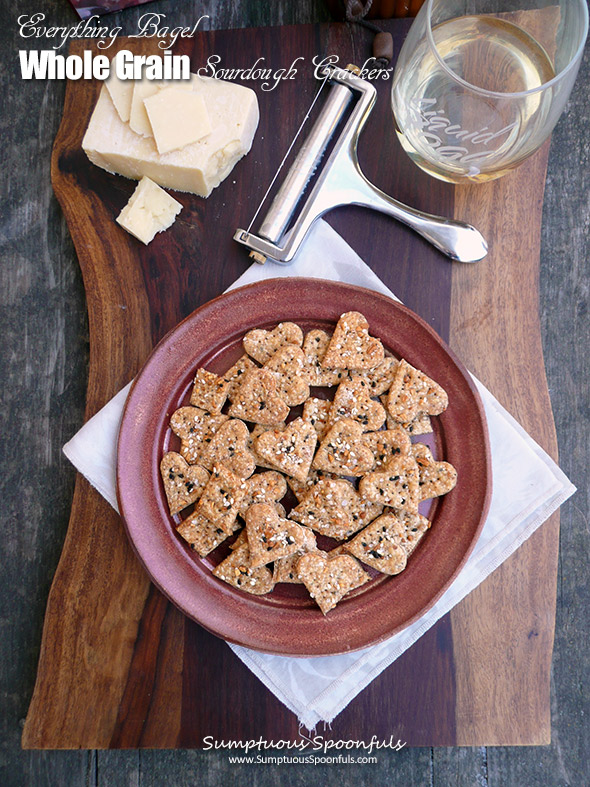 Everything Bagel Whole Grain Sourdough Crackers ~ Whole wheat flour, rye, flax with everything bagel seasoning inside and out, these crunchy crackers are addictive!