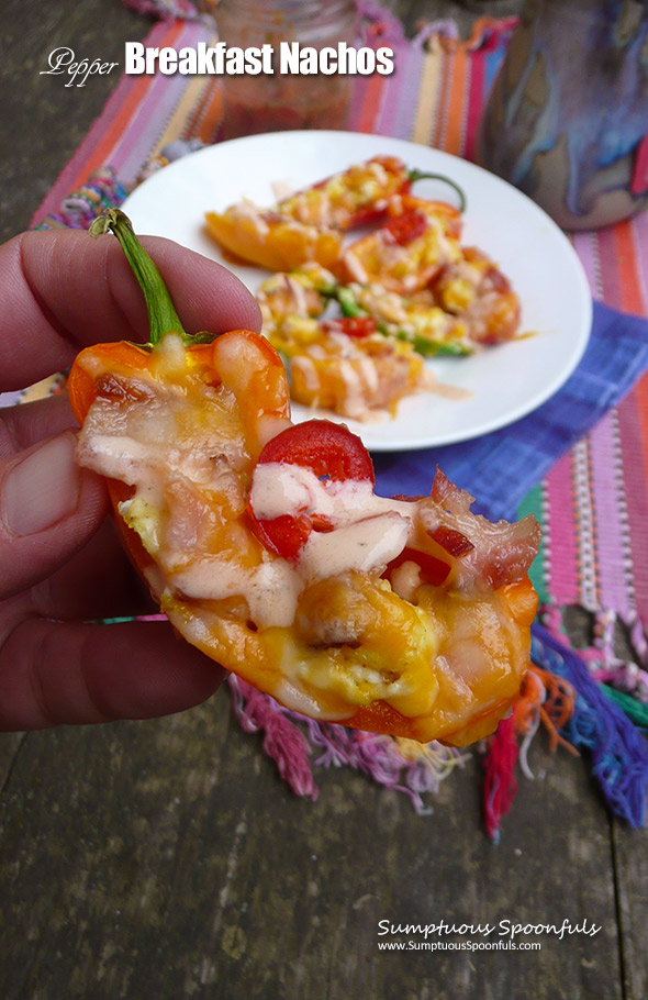 Pepper Breakfast Nachos ~ Mini Sweet Peppers (or Jalapenos!) step in to add crunch in place of chips in this delightful healthier recipe for breakfast nachos! Let those taste buds dance!