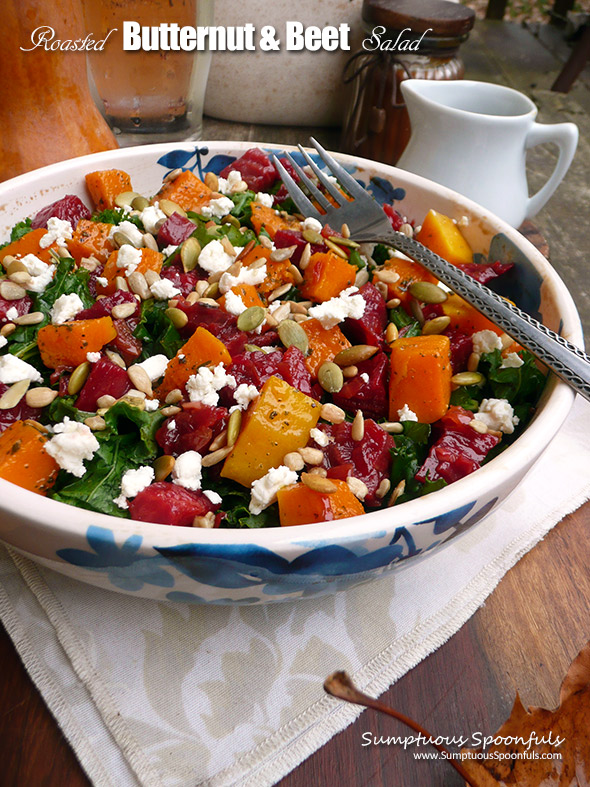 Roasted Butternut Squash and Beet Salad with goat cheese, pepitas and sunflower seeds ~ a savory sweet salad that has so many lovely flavors and textures.