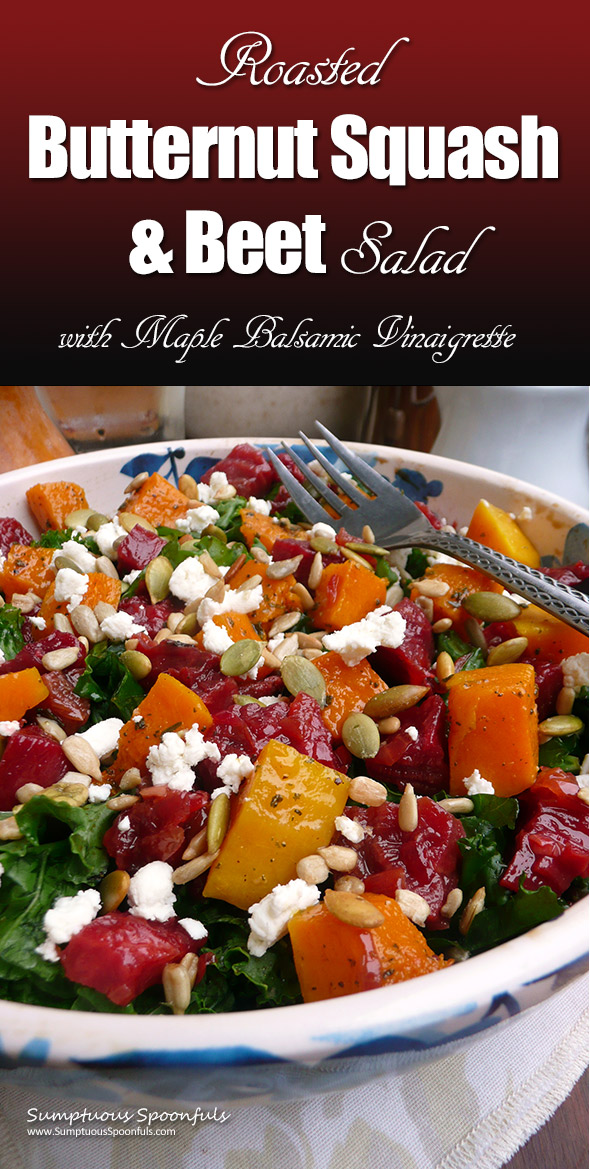 Roasted Butternut Squash and Beet Salad with goat cheese, pepitas and sunflower seeds ~ a savory sweet salad that has so many lovely flavors and textures