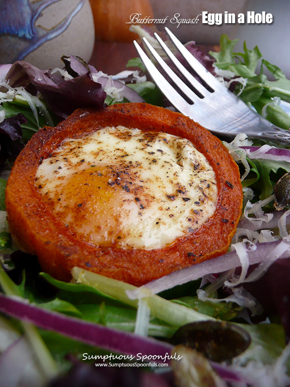Butternut Squash Egg in a Hole ~ Recreate a childhood favorite grown up style, using squash in place of the bread and seasoning with Mediterranean spices, then roasted to perfection