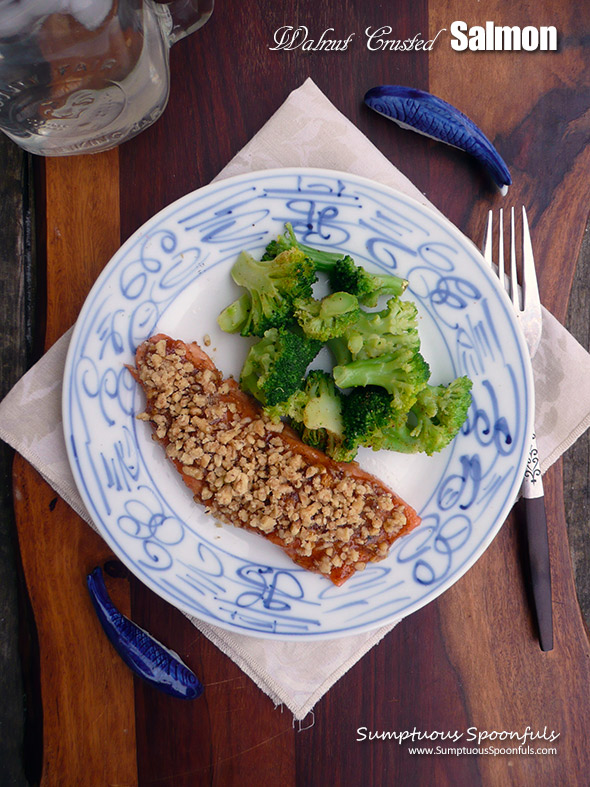 Walnut Crusted Salmon ~ only 6 ingredients and less than 30 minutes stand between you and this delicious healthy meal! Salmon with a sweet, spicy, crunchy topping that you'll want to make again and again.