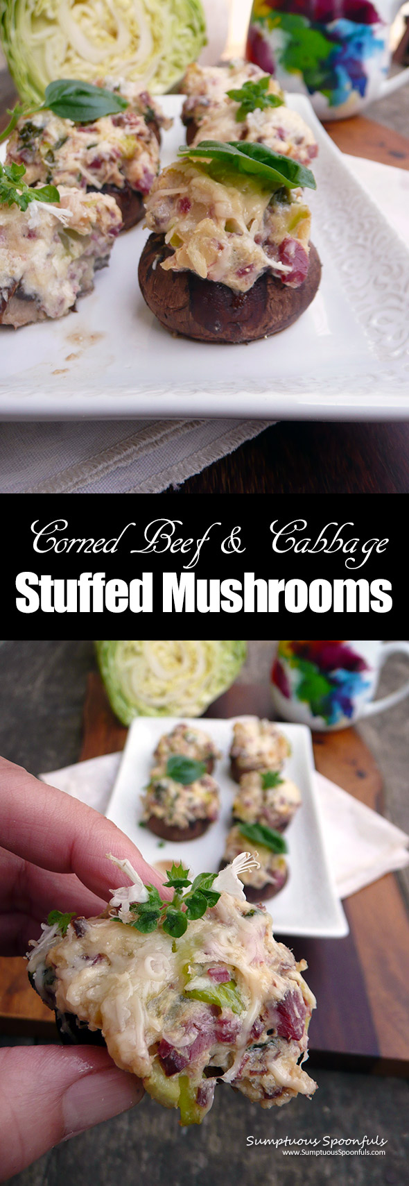 Corned Beef & Cabbage Stuffed Mushrooms ~ bite size cheesy corned beef & cabbage in juicy mushroom caps. SO good!