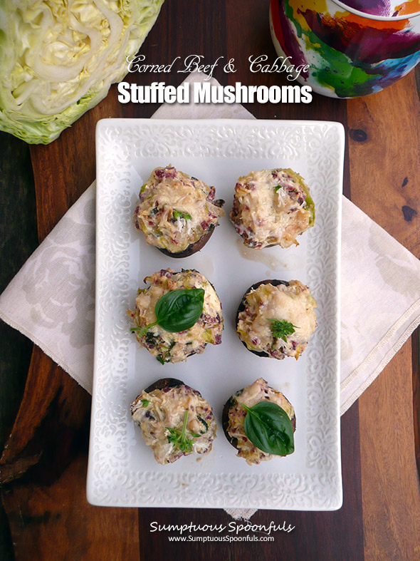 Corned Beef & Cabbage Stuffed Mushrooms ~ bite size cheesy corned beef & cabbage in juicy mushroom caps. SO good!