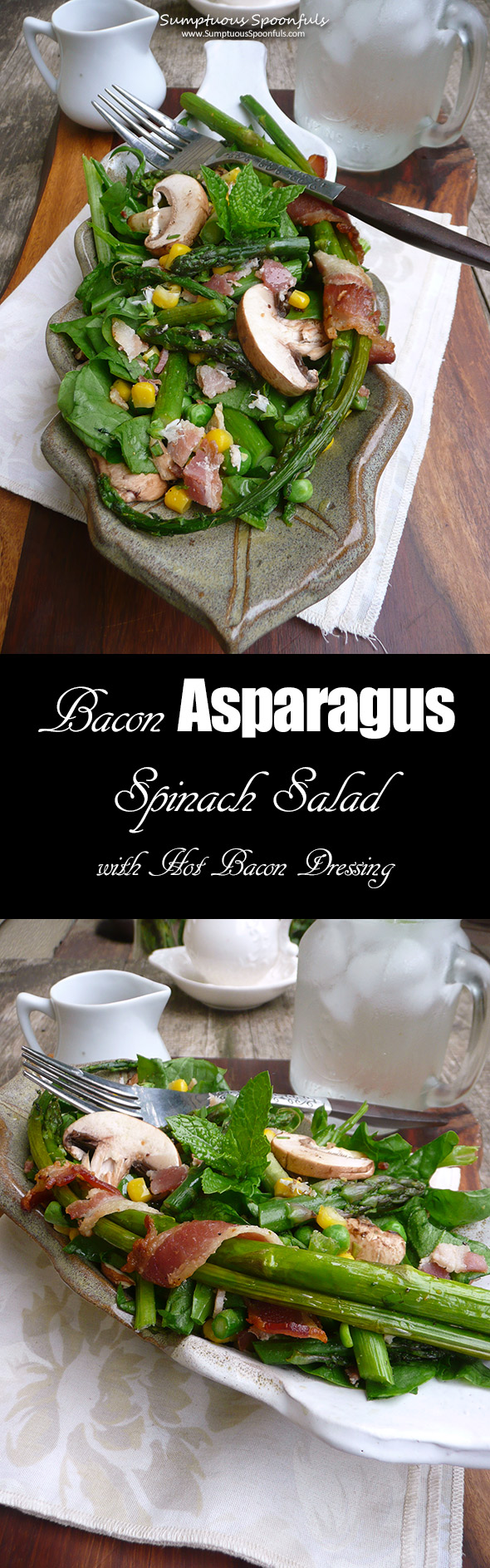 Bacon Asparagus Spinach Salad with corn, peas, mushrooms & a hot bacon dressing ~ the perfect salad for spring!