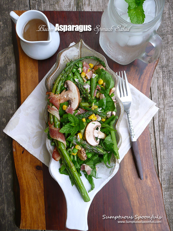 Bacon Asparagus Spinach Salad with corn, peas, mushrooms & a hot bacon dressing ~ the perfect salad for spring!
