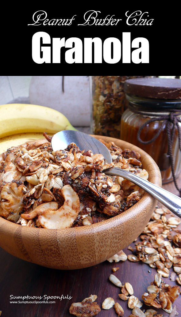 Peanut Butter Chia Granola ~ crunchy oats, nuts, chia seeds, peanut butter and toasted coconut make a crunchy, delicious homemade granola. Ditch the store bought stuff!