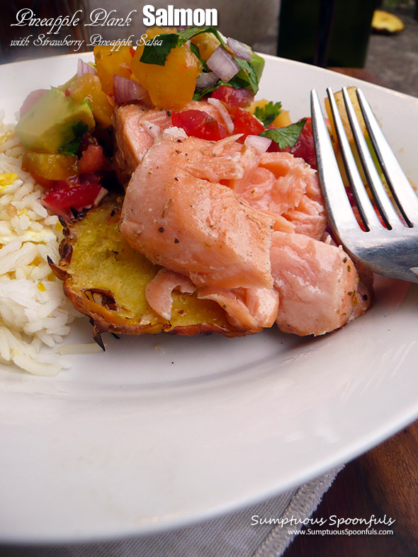 Pineapple Plank Salmon with Pineapple Strawberry Avocado Salsa ~ juicy grilled salmon topped with bursts of fruity flavors with a little heat!