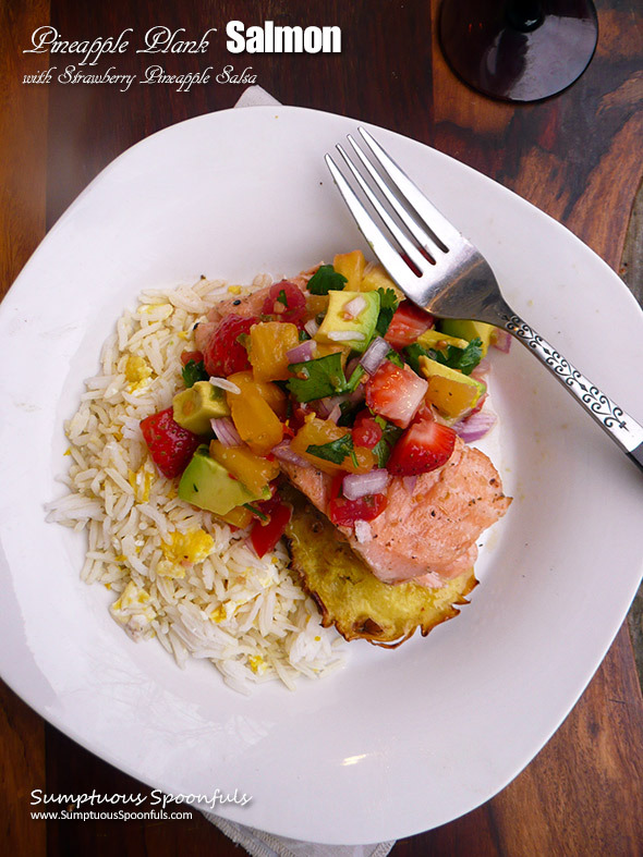 Pineapple Plank Salmon with Pineapple Strawberry Avocado Salsa ~ juicy grilled salmon topped with bursts of fruity flavors with a little heat!